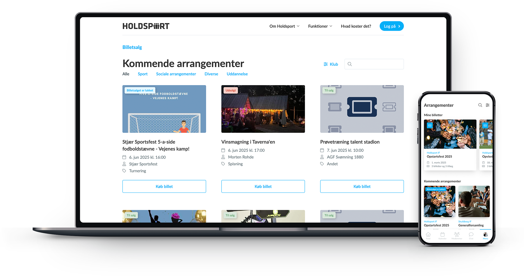 Holdsports offentlige side med kommende arrangementer – vist på computer og mobil