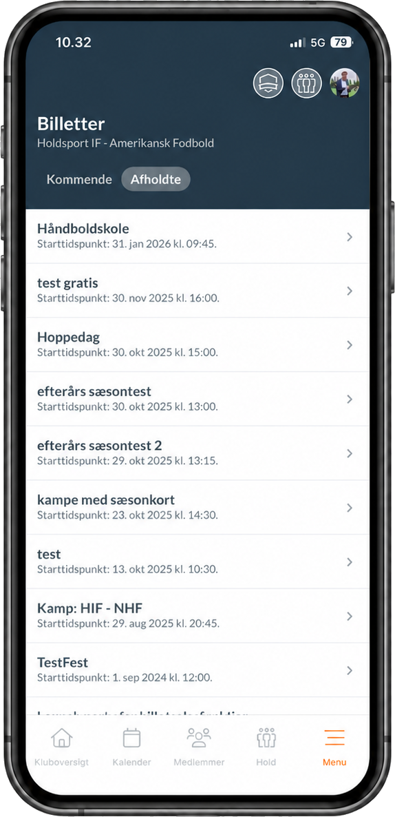 Holdsport-appen: oversigt over klubbens billetter og arrangementer