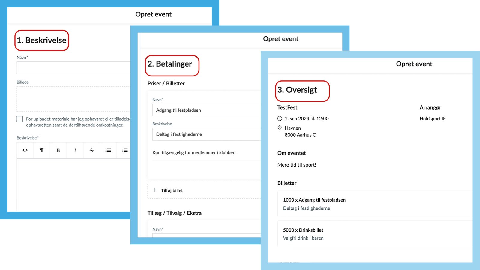 Opret event i Holdsport i tre trin: 1. Beskrivelse, 2. Betalinger/billetter, 3. Oversigt
