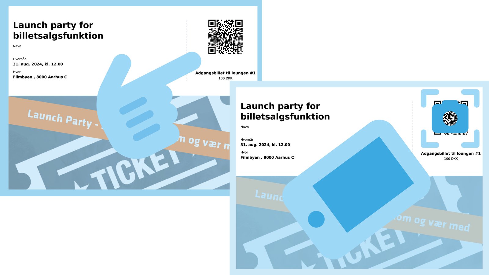 Eksempel på billetter med QR-kode til scanning ved indgangen